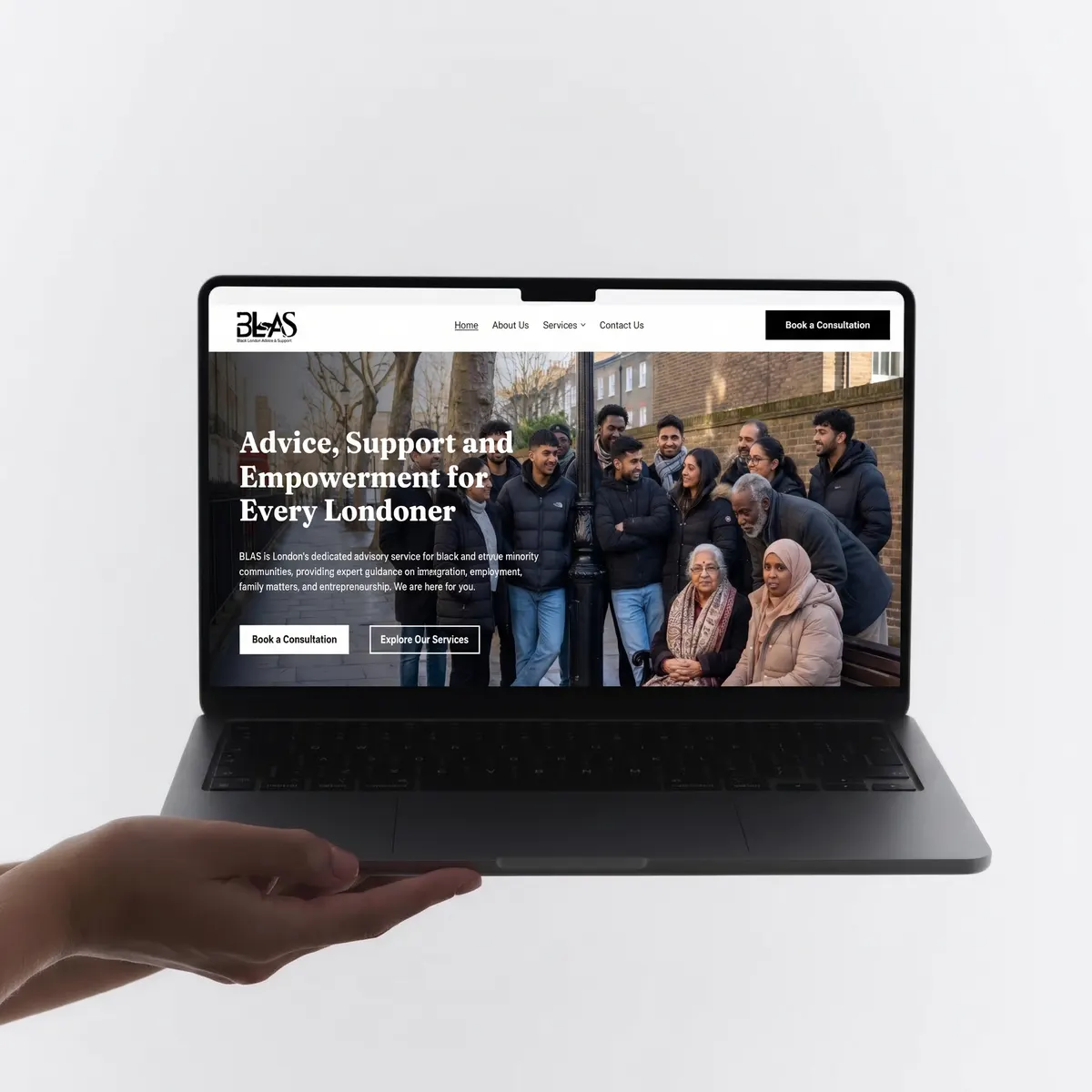 BLAS (Black London Advice & Support) website shown on a laptop